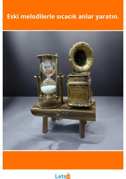Nostaljik Gramofon Biblolu Kum Saati Ahşap Eskitme Dekoratif Süslü fiyatları