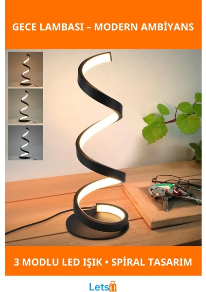 Modern Kıvrımlı Spiral Gece Lambası 3 Işık Modu Dokunmatik