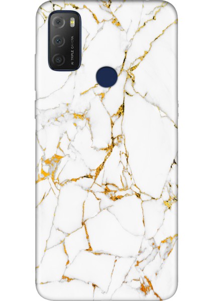 Tcl 20E Uyumlu Kılıf Silikon Desenli Resimli Kapak Sarı Beyaz Mermer