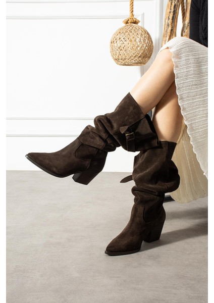 Prenis Kovboy Kadın Çizme Yandan Tokalı Hakiki Deri Süet