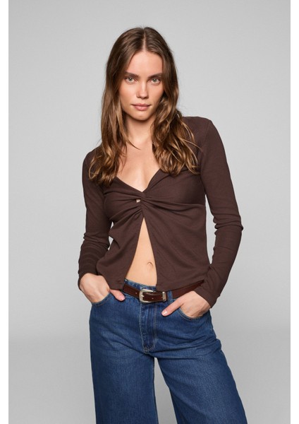 Anuvıea Kadın Asimetrik Yakalı Önü Açık Esnek Kumaşlı Uzun Kollu Koyu Kahverengi Bluz fiyatları