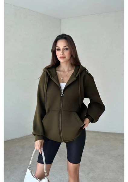 Kadın 3 Iplik Oversize Kapüşonlu Fermuarlı Hırka Sweatshirt