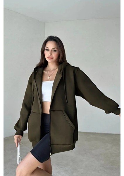 Kadın 3 Iplik Oversize Kapüşonlu Fermuarlı Hırka Sweatshirt modelleri