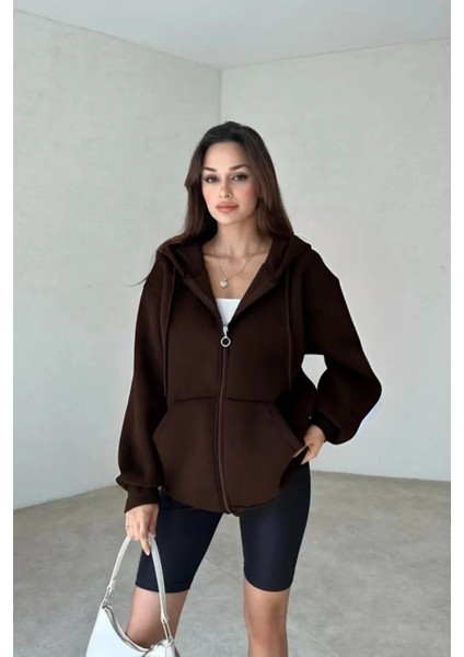 Kadın 3 Iplik Oversize Kapüşonlu Fermuarlı Hırka Sweatshirt