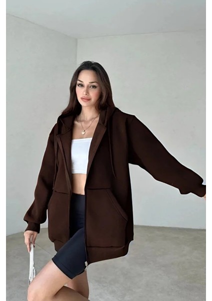 Kadın 3 Iplik Oversize Kapüşonlu Fermuarlı Hırka Sweatshirt modelleri