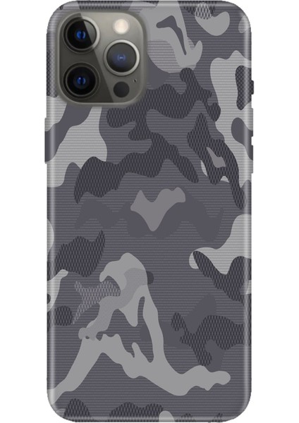 iPhone 12 Pro Max Uyumlu Kılıf Resimli Desenli Silikon Gri Kamuflaj