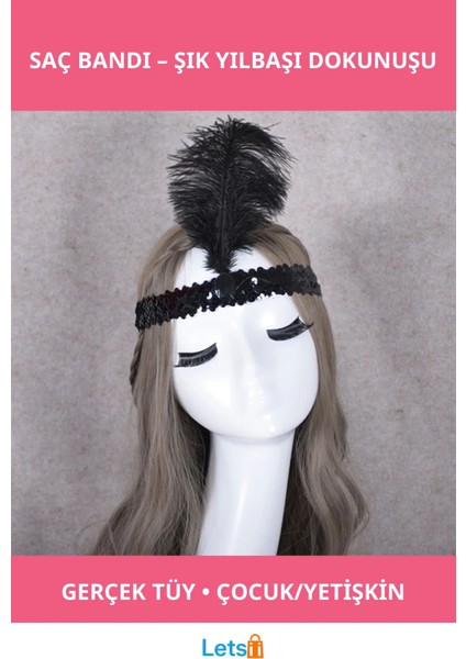 Yılbaşı Gerçek Tüy Saç Bandı Siyah Renk Yetişkin ve Çocuk