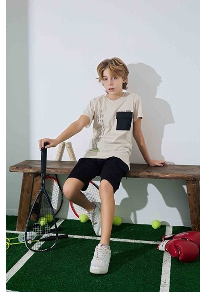 Erkek Çocuk Sportswear Cepli T-Shirt Sweatshirt Alt Bisiklet Yaka Orta Kalın Pijama TAKIMI-3962