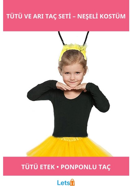 Kabarık Sarı Tül Tütü Etek ve Ponponlu Arı Taç