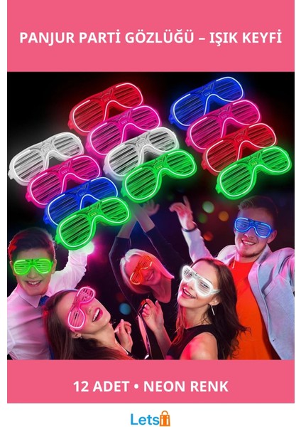 Glow Işıklı Panjur Parti Gözlüğü 12 Adet Neon Renkler