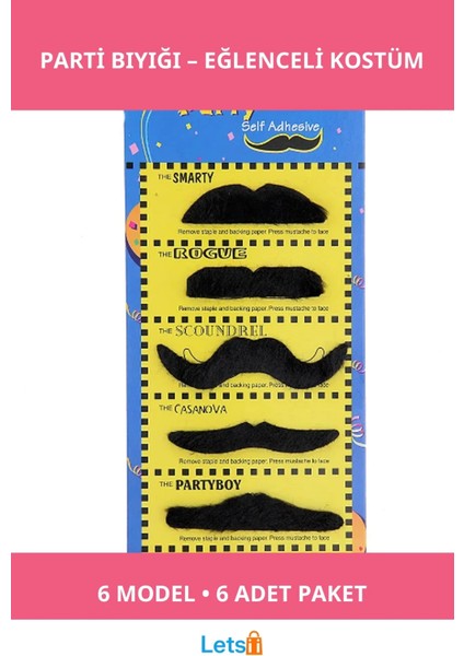 Şenlikli Karnaval Kostümü Bıyığı 6 Farklı Model 6 Adet