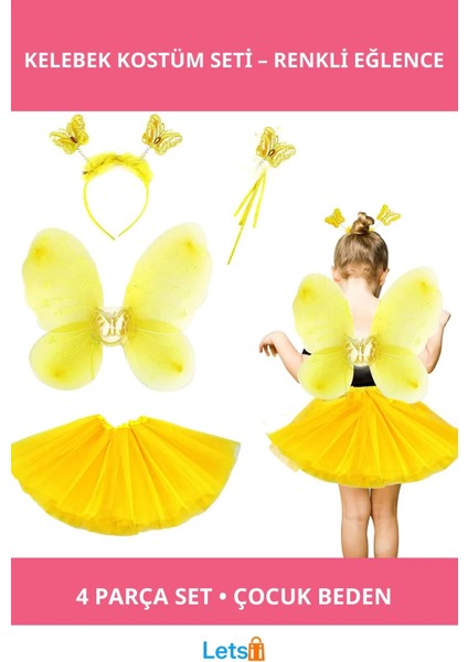 Sarı Kelebek Kostümü Çocuk 4 Parça Seti