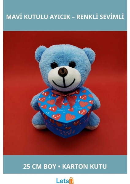 Yumuşak Peluş Mavi Kutulu Ayıcık 25 cm Hediye