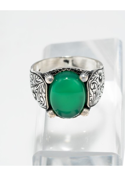 Erkek 925 Ayar Gümüş Yeşil Akik Taşlı El Işçiliği Osmanlı Motifli Yüzük – Doğal Taşlı Özel Tasarım fiyatları