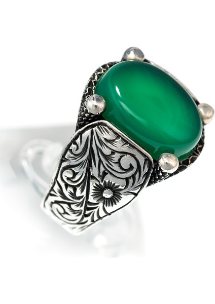 Erkek 925 Ayar Gümüş Yeşil Akik Taşlı El Işçiliği Osmanlı Motifli Yüzük – Doğal Taşlı Özel Tasarım modelleri