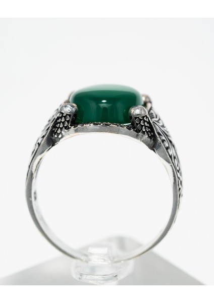 Erkek 925 Ayar Gümüş Yeşil Akik Taşlı El Işçiliği Osmanlı Motifli Yüzük – Doğal Taşlı Özel Tasarım indirimleri