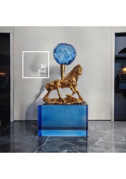 Valaker Altın At Figürlü Mavi Kristal Obje, Cam Dekoratif Biblo, Lüks Ev Ofis Hediyelik Aksesuar