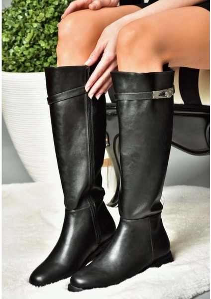 Kadın Fermuarlı Diz Altı Kilit Tokalı Uzun Çizme Bot - Siyah - 37 modelleri