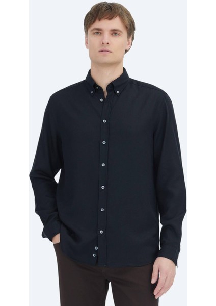 Siyah Düz Dokuma Casual Gömlek