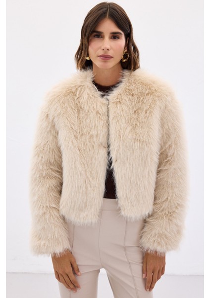 Yakasız Kürk - Bej
