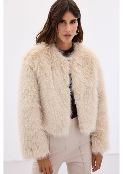 Yakasız Kürk - Bej indirimleri