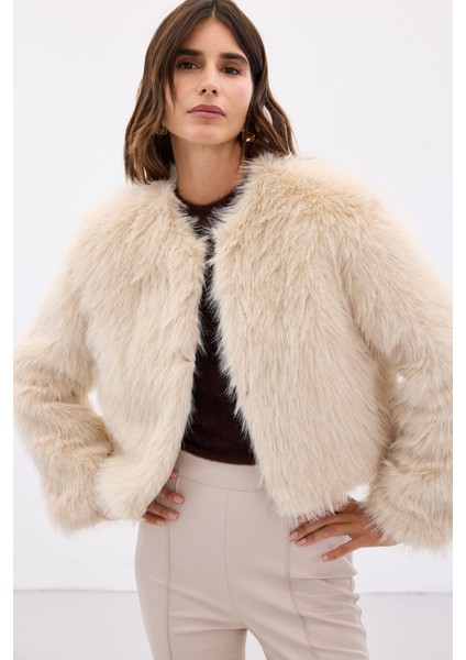 Yakasız Kürk - Bej