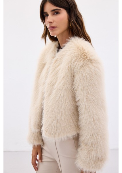 Yakasız Kürk - Bej