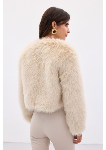 Yakasız Kürk - Bej