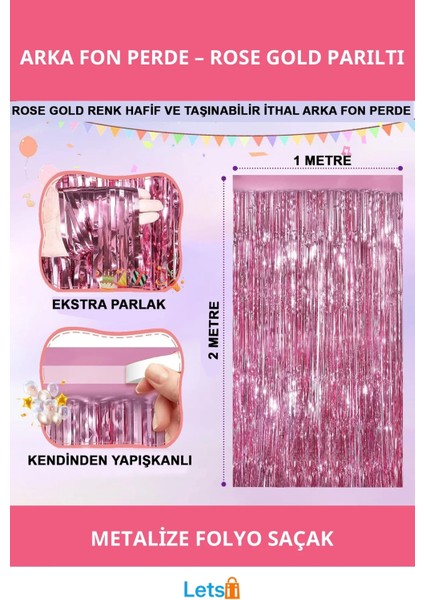 Ekstra Metalize Parlak Saçaklı Arka Fon Perde Rose Gold