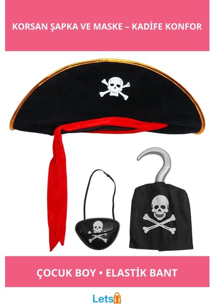 Kadife Jack Korsan Şapkası ve Maske Seti Çocuk Boy