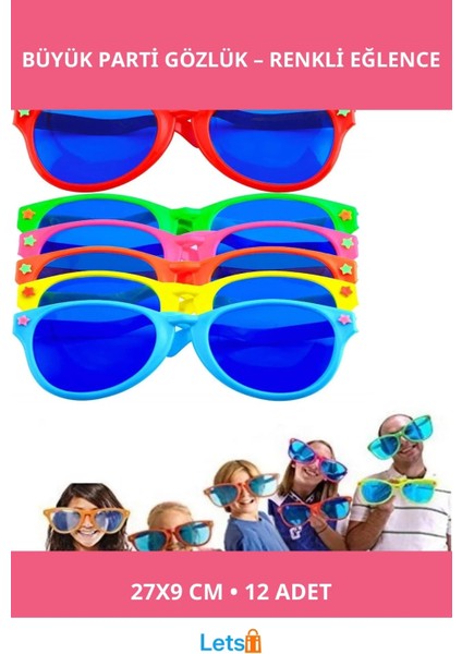 Rengarenk Büyük Parti Gözlüğü 12 Adet Eğlenceli Fotoğraf Kiti