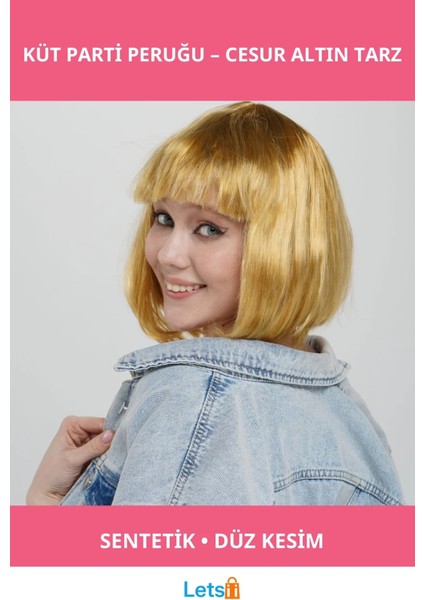 Altın Renk Düz Kesim Küt Parti Peruk Modern ve Şık