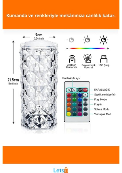 Kristal LED Kumandalı Dokunmatik Masa Lambası 21.5 cm fiyatları