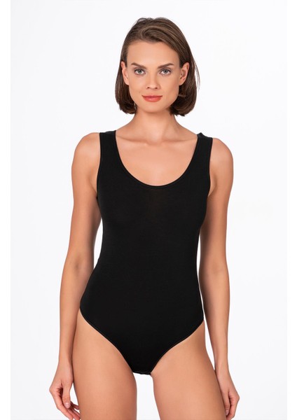 Kadın Pamuklu Likralı Süprem Kalın Askılı Kancalı Çıtçıtlı Body Zıbın | Siyah K0602