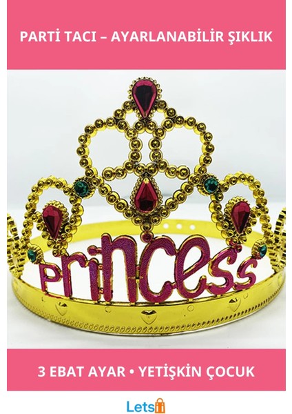 Prenses Yazılı Altın Renk Ayarlanabilir Parti Tacı