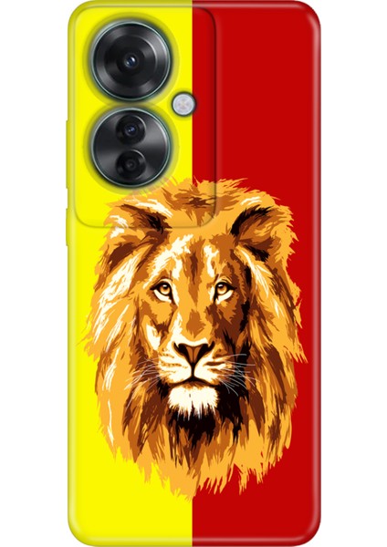Oppo Reno 11F Kılıf Resimli Baskılı Nano Silikon Sarı Kırmızı Parçalı Aslan
