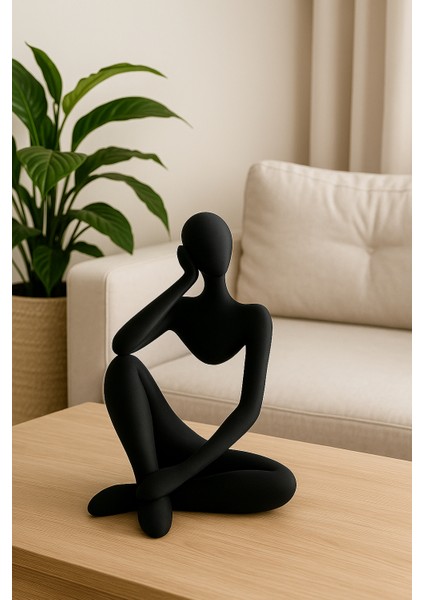Modern Düşünen Insan Figürü – Minimalist Siyah Dekoratif Obje | Salon ve Ofis Aksesuarı