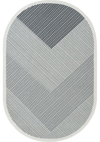 Pratico Gri Oval Mutfak Halısı Geometrik Desen Makinede Yıkanabilir Kaymaz Taban Dijital Baskı Halı