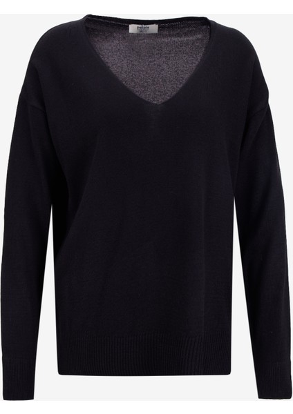 V Yaka Loose Fit Düz Siyah Kazak Kadın PBF5WL-KZK9519