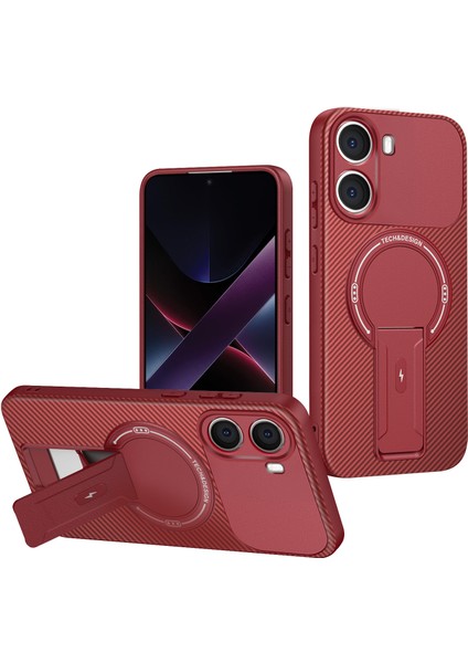 Xiaomi Poco X7 Pro Için Standlı Manyetik Karbon Fiber Tasarım Tpu Hibrit Telefon Kılıfı, Kırmızı (Yurt Dışından)