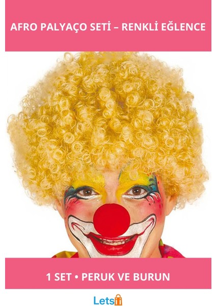 Sarı Kıvırcık Afro Palyaço Peruk ve Burun Seti