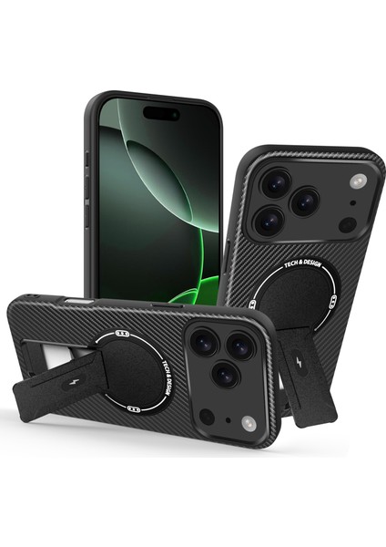 iPhone 17 Pro Için Manyetik Kılıf, Karbon Fiber Tasarım, Standlı Tpu Hibrit Telefon Kılıfı, Siyah (Yurt Dışından)