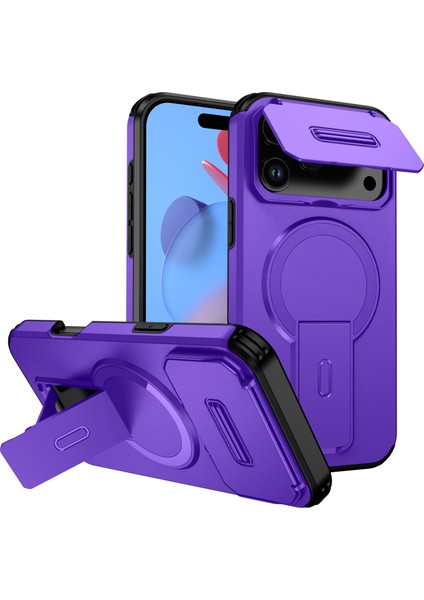 iPhone 17 Pro Max Için Manyetik Kılıf, Kayar Kamera Korumalı Çift Katmanlı Darbeye Dayanıklı Telefon Kılıfı, Ayarlanabilir Stand, Mor (Yurt Dışından)