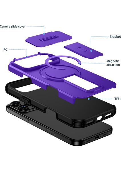 iPhone 17 Pro Max Için Manyetik Kılıf, Kayar Kamera Korumalı Çift Katmanlı Darbeye Dayanıklı Telefon Kılıfı, Ayarlanabilir Stand, Mor (Yurt Dışından) fiyatları