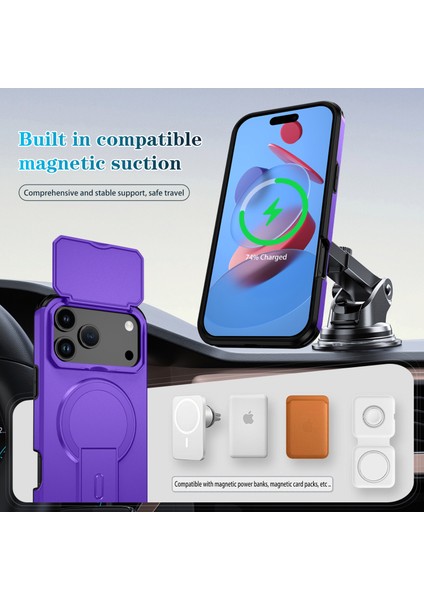 iPhone 17 Pro Max Için Manyetik Kılıf, Kayar Kamera Korumalı Çift Katmanlı Darbeye Dayanıklı Telefon Kılıfı, Ayarlanabilir Stand, Mor (Yurt Dışından) modelleri