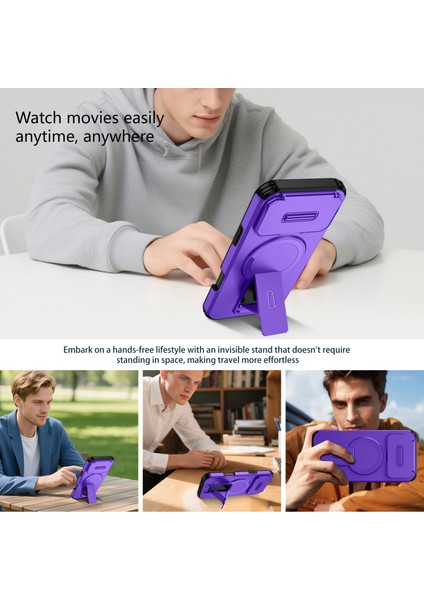 iPhone 17 Pro Max Için Manyetik Kılıf, Kayar Kamera Korumalı Çift Katmanlı Darbeye Dayanıklı Telefon Kılıfı, Ayarlanabilir Stand, Mor (Yurt Dışından) indirimleri