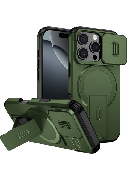 iPhone 16 Pro Için Manyetik Kılıf, Kayar Kamera Korumalı Çift Katmanlı Darbeye Dayanıklı Telefon Kılıfı, Ayarlanabilir Stand, Yeşil (Yurt Dışından)