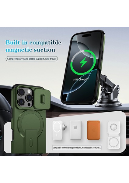iPhone 16 Pro Için Manyetik Kılıf, Kayar Kamera Korumalı Çift Katmanlı Darbeye Dayanıklı Telefon Kılıfı, Ayarlanabilir Stand, Yeşil (Yurt Dışından) modelleri