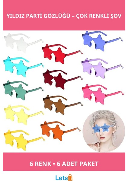 Yıldız Şekilli Çerçevesiz Parti Gözlüğü 6 Renk 6 Adet