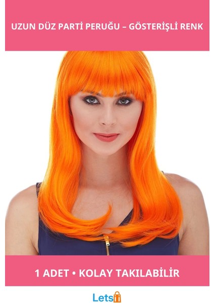 Turuncu Renk Uzun Düz Parti Peruğu Şık ve Dikkat Çekici